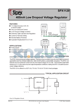 SPX1129T-5-0 datasheet - 400mA Low Dropout Voltage Regulator