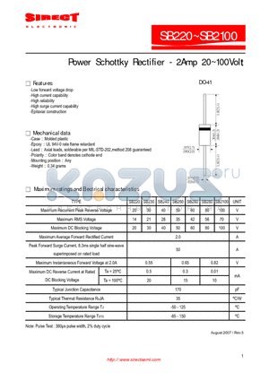 SB2100 datasheet - Power Schottky Rectifier - 2Amp 20~100Volt