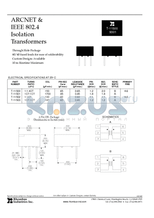 T-11502 datasheet - ARCNET & IEEE 802.4 Isolation Transformers