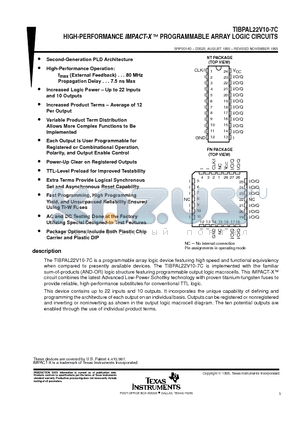 TIBPAL22V10-7CNT datasheet - HIGH-PERFORMANCE IMPACT-X E PROGRAMMABLE ARRAY LOGIC CIRCUITS