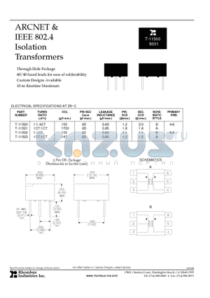 T-11503 datasheet - ARCNET & IEEE 802.4 Isolation Transformers