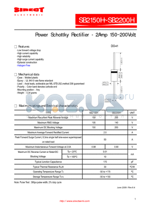 SB2150H datasheet - Power Schottky Rectifier - 2Amp 150~200Volt
