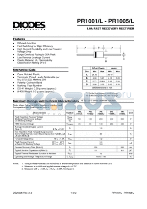 PR1001L datasheet - 1.0A FAST RECOVERY RECTIFIER