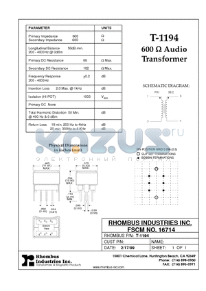 T-1194 datasheet - 600 Audio Transformer