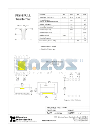 T-1183 datasheet - PUSH PULL Transformer