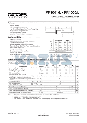 PR1001L-T datasheet - 1.0A FAST RECOVERY RECTIFIER