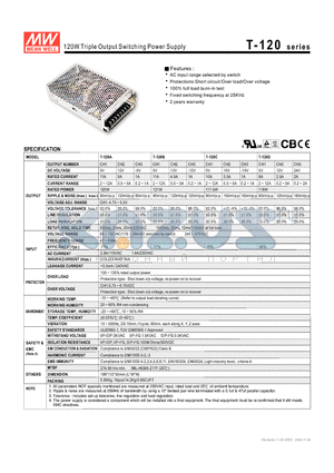 T-120 datasheet - 120W Triple Output Switching Power Supply