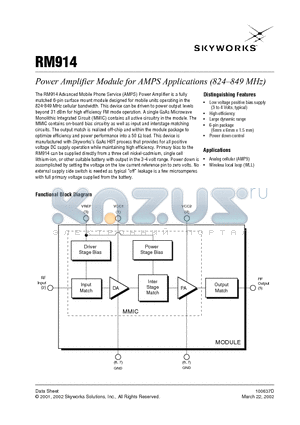 RM914 datasheet - Power Amplifier Module for AMPS Applications (824-849 MHz)