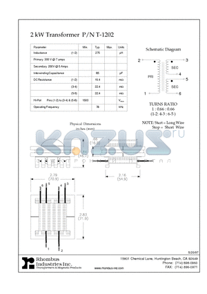 T-1202 datasheet - 2 kW Transformer