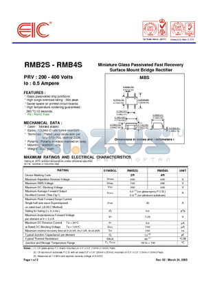 RMB2S datasheet - Miniature Glass Passivated Fast Recovery Surface Mount Bridge Rectifier