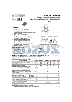 RMB2S_10 datasheet - 0.8Amps Miniature Glass Passivated Fast Recovery Surface Mount Bridge Rectifiers