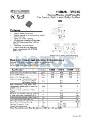 RMB4S datasheet - 0.8Amps Miniature Glass Passivated Fast Recovery Surface Mount Bridge Rectifiers