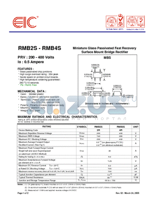 RMB4S datasheet - Miniature Glass Passivated Fast Recovery Surface Mount Bridge Rectifier