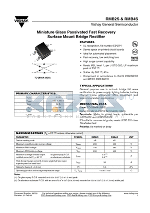 RMB4S-E3/45 datasheet - Miniature Glass Passivated Fast Recovery Surface Mount Bridge Rectifier