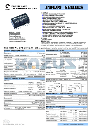 PDL03-05D12 datasheet - 3 WATTS MAXIMUM OUTPUT POWER