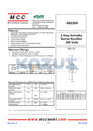 SB2200 datasheet - 2 Amp Schottky Barrier Rectifier 200 Volts