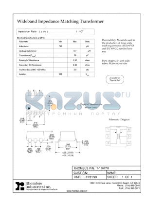 T-12077G datasheet - Wideband Impedance Matching Transformer