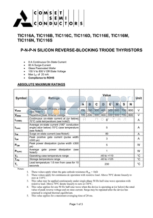 TIC116B datasheet - P-N-P-N SILICON REVERSE-BLOCKING TRIODE THYRISTORS