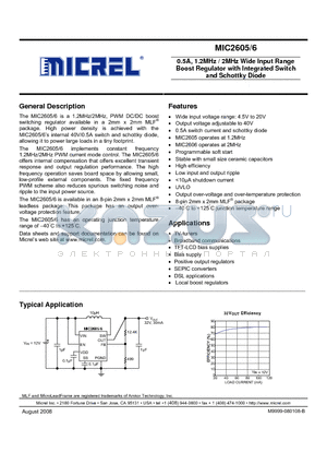 MIC2605 datasheet - 0.5A, 1.2MHz / 2MHz Wide Input Range Boost Regulator with Integrated Switch and Schottky Diode