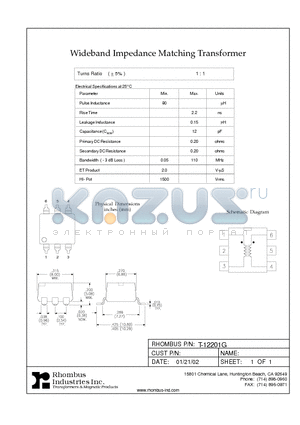 T-12201G datasheet - Wideband Impedance Matching Transformer