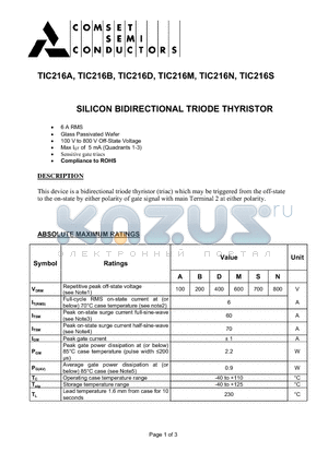 TIC216A datasheet - SILICON BIDIRECTIONAL TRIODE THYRISTOR
