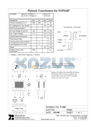 T-1230 datasheet - Flyback Transformer for TOP224P