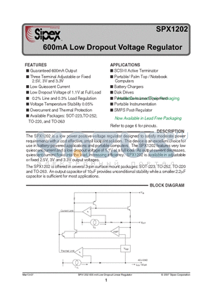 SPX1202T-L-2-5 datasheet - 600mA Low Dropout Voltage Regulator