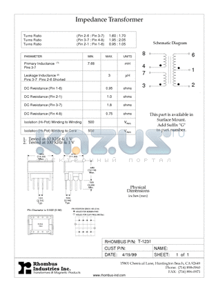 T-1231 datasheet - Impedance Transformer