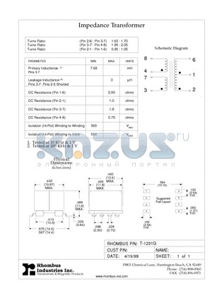 T-1231G datasheet - Impedance Transformer