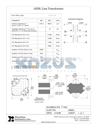 T-1232 datasheet - ADSL Line Transformer