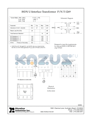 T-1269 datasheet - ISDN U-Interface Transformer