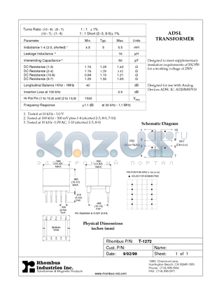 T-1272 datasheet - ADSL TRANSFORMER
