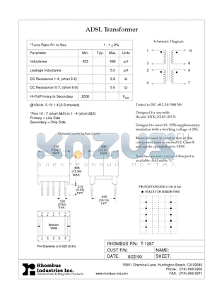 T-1287 datasheet - ADSL Transformer