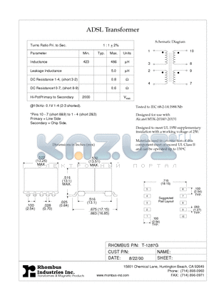 T-1287G datasheet - ADSL Transformer