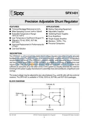 SPX1431N datasheet - Precision Adjustable Shunt Regulator