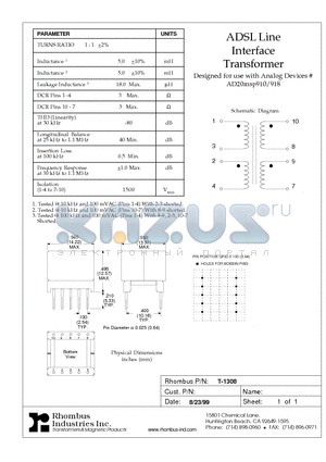 T-1308 datasheet - ADSL Line Interface Transformer