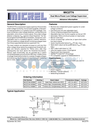 MIC2774 datasheet - Dual Micro-Power Low Voltage Supervisor Advance Information