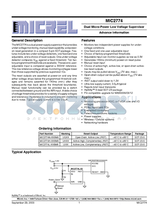 MIC2774H-XXBM5 datasheet - Dual Micro-Power Low Voltage Supervisor Advance Information