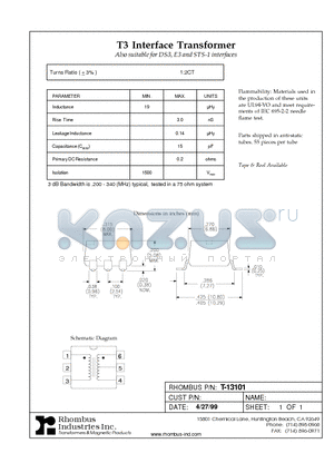 T-13101 datasheet - T3 Interface Transformer