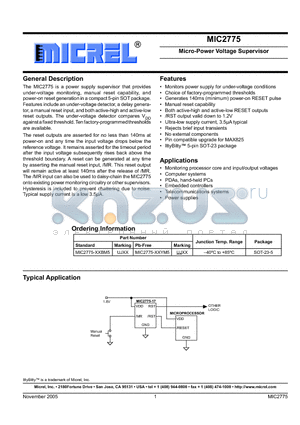 MIC2775 datasheet - Micro-Power Voltage Supervisor