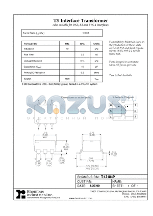 T-13104P datasheet - T3 Interface Transformer