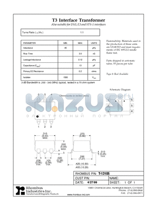 T-13105 datasheet - T3 Interface Transformer