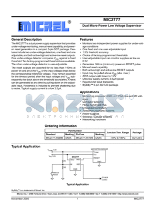 MIC2777-XXBM5 datasheet - Dual Micro-Power Low Voltage Supervisor
