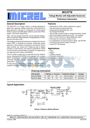 MIC2778 datasheet - Voltage Monitor with Adjustable Hysteresis Preliminary Information