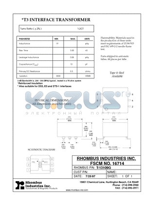 T-13109G datasheet - T3 INTERFACE TRANSFORMER