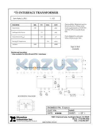 T-13111 datasheet - T3 INTERFACE TRANSFORMER