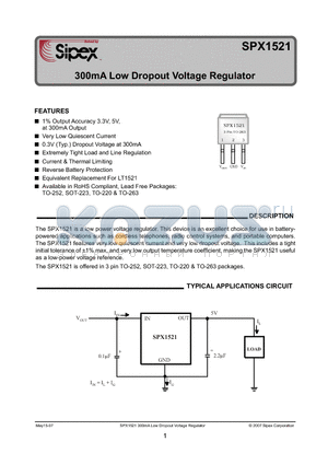 SPX1521R-5-0 datasheet - 300mA Low Dropout Voltage Regulator