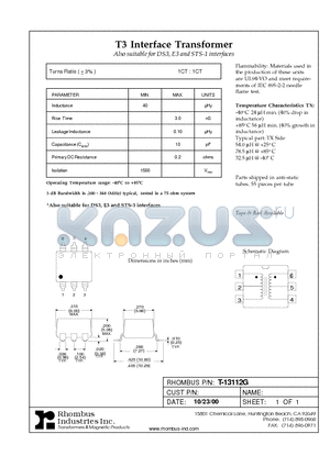 T-13112G datasheet - T3 Interface Transformer