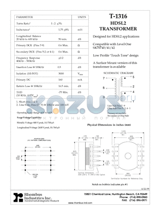 T-1316 datasheet - HDSL2 TRANSFORMER