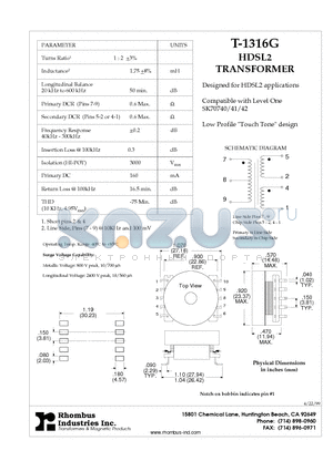 T-1316G datasheet - HDSL2 TRANSFORMER